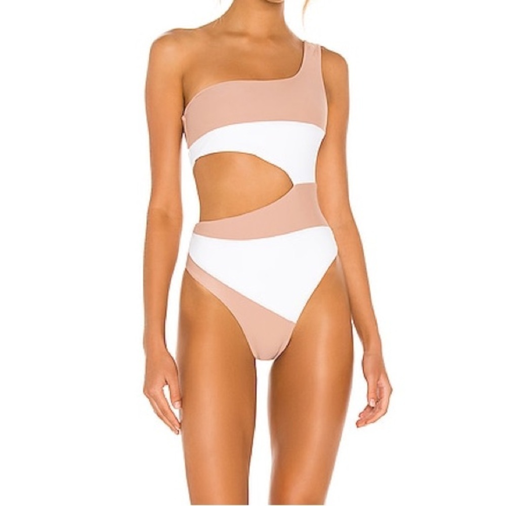 Camila Coelho Rumba One Piece in White & Nude One Shoulder Cut Out Swim